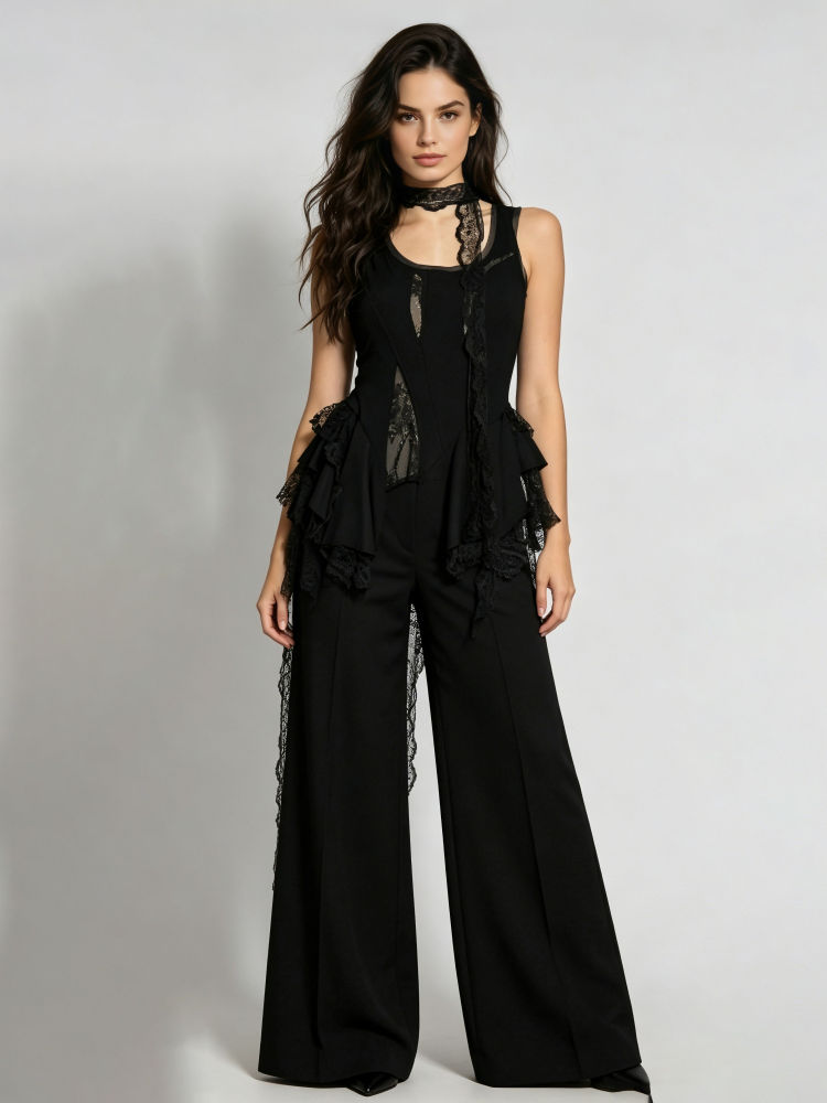 TWOTWINSTYLE Solid Sleeveles Patchwork Lace Up Designer Vest