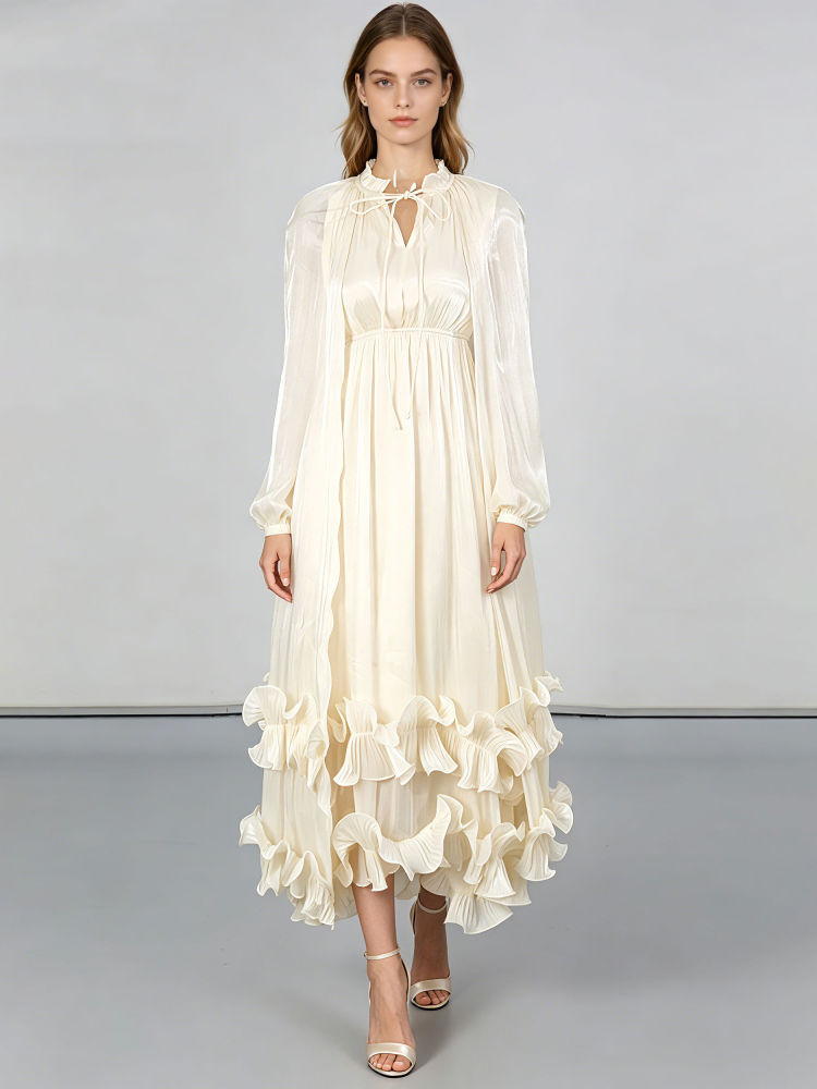 TWOTWINSTYLE Stand Collar Spliced Ruffles Tunic Elegant Dress