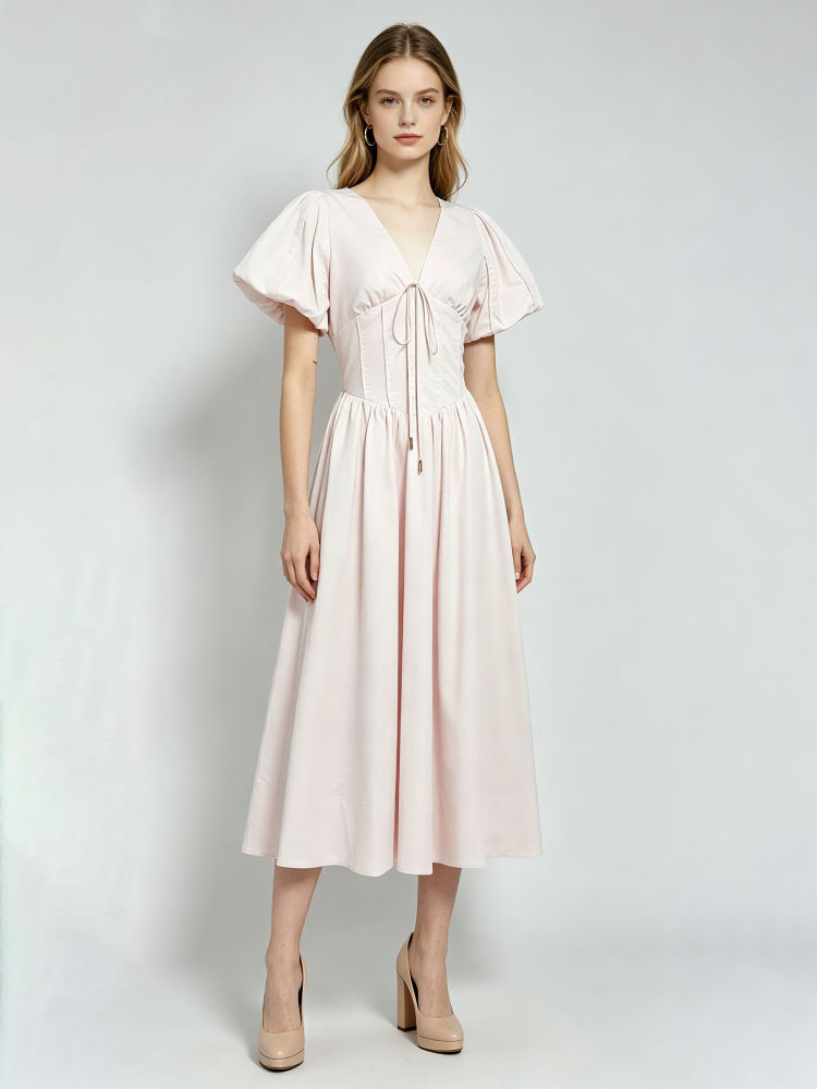 TWOTWINSTYLE V Neck Puff Sleeve Tunic Fashion Dress