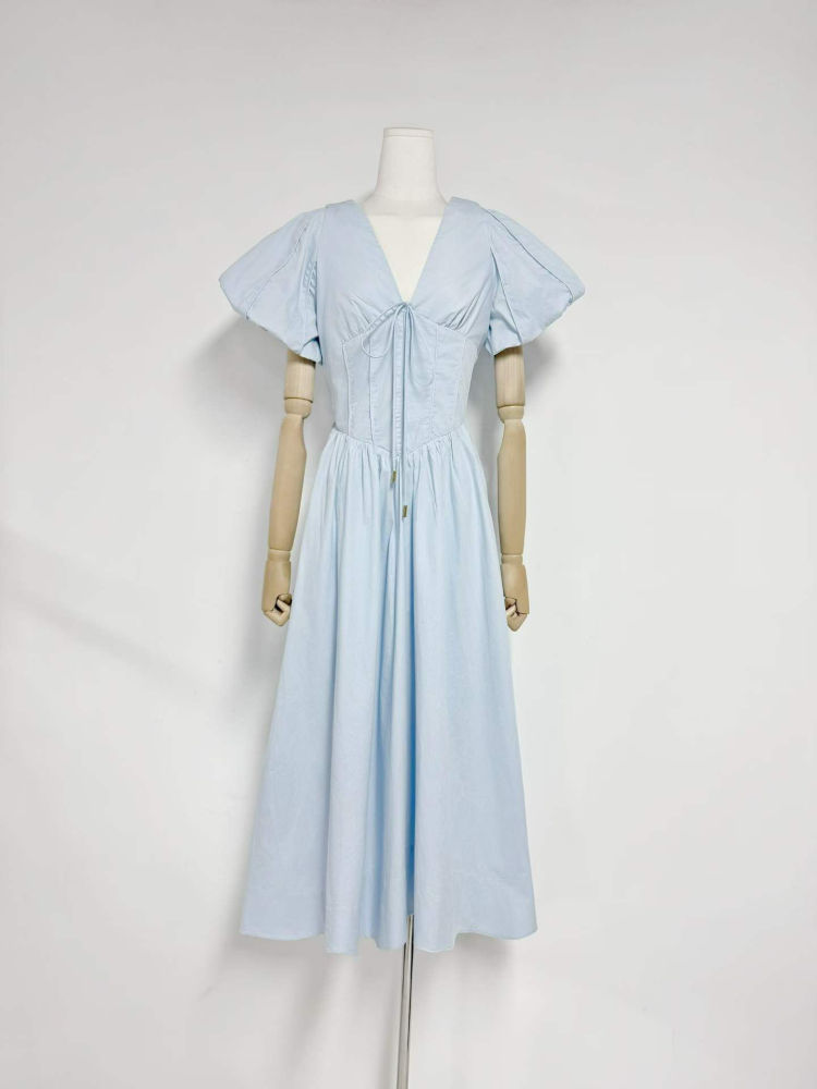 TWOTWINSTYLE V Neck Puff Sleeve Tunic Fashion Dress