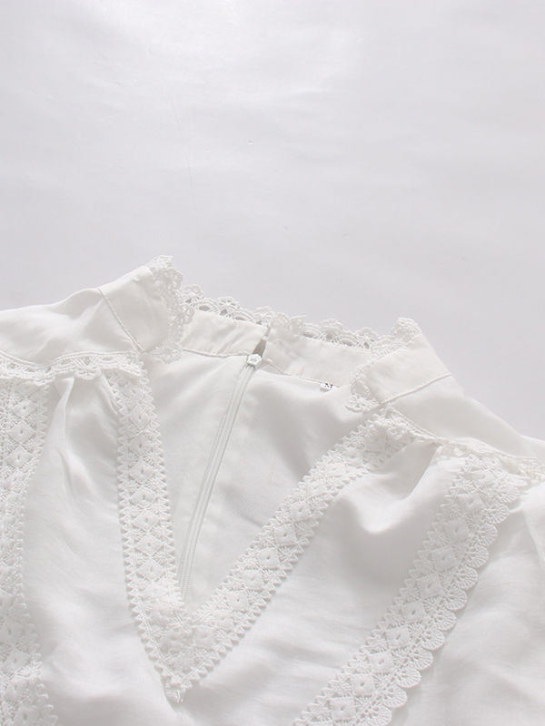 TWOTWINSTYLE V Neck Puff Sleeve Irregular Hem Patchwork Lace Chic Dress
