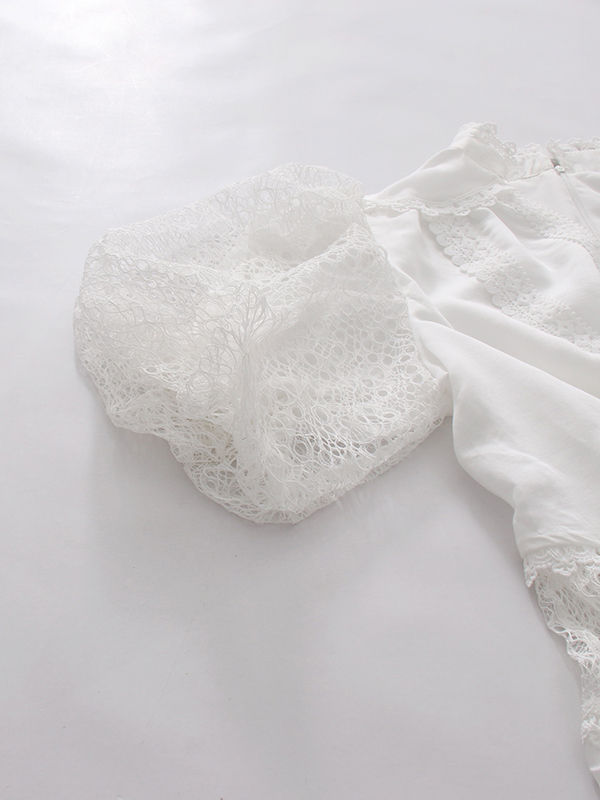 TWOTWINSTYLE V Neck Puff Sleeve Irregular Hem Patchwork Lace Chic Dress