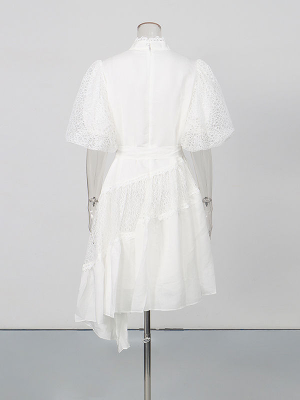 TWOTWINSTYLE V Neck Puff Sleeve Irregular Hem Patchwork Lace Chic Dress