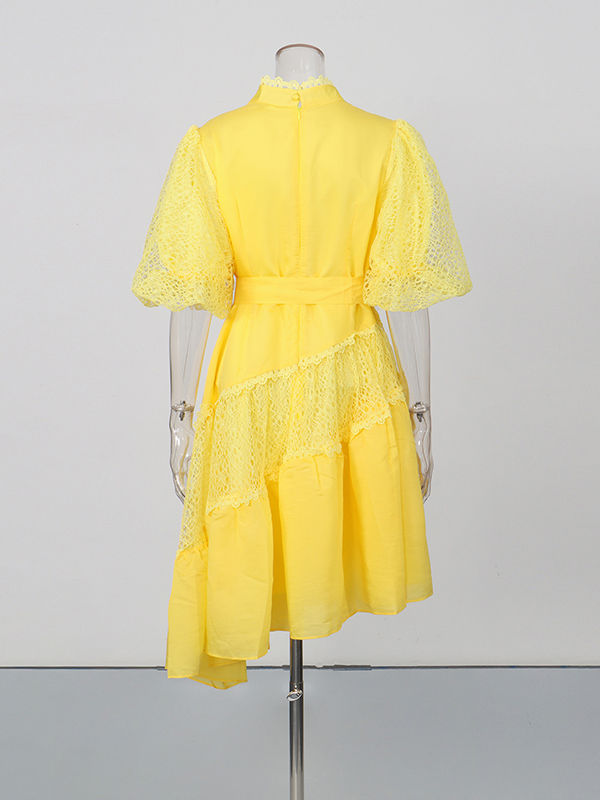 TWOTWINSTYLE V Neck Puff Sleeve Irregular Hem Patchwork Lace Chic Dress