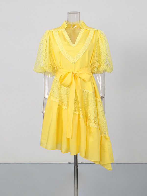TWOTWINSTYLE V Neck Puff Sleeve Irregular Hem Patchwork Lace Chic Dress