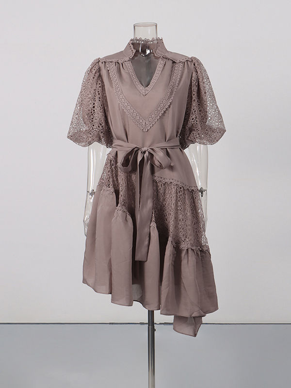 TWOTWINSTYLE V Neck Puff Sleeve Irregular Hem Patchwork Lace Chic Dress