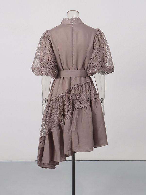 TWOTWINSTYLE V Neck Puff Sleeve Irregular Hem Patchwork Lace Chic Dress