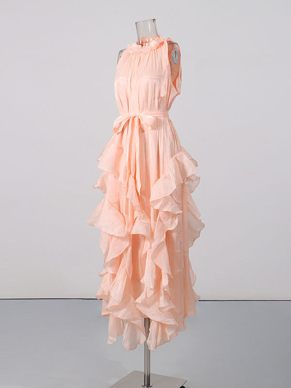 TWOTWINSTYLE Round Neck Spliced Ruffles High Waist Designer Dress