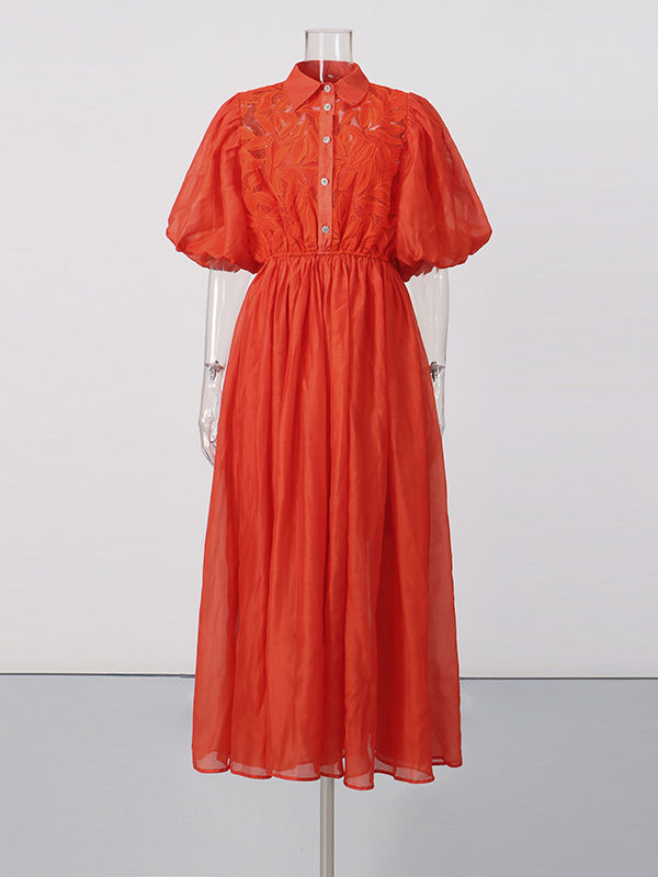 TWOTWINSTYLE Solid Lapel Puff Sleeve High Waist Chic Dress
