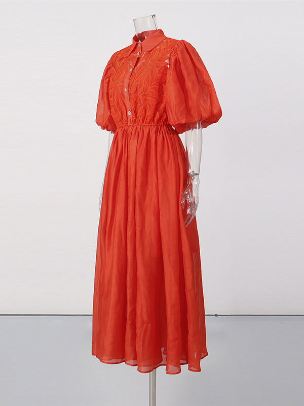 TWOTWINSTYLE Solid Lapel Puff Sleeve High Waist Chic Dress