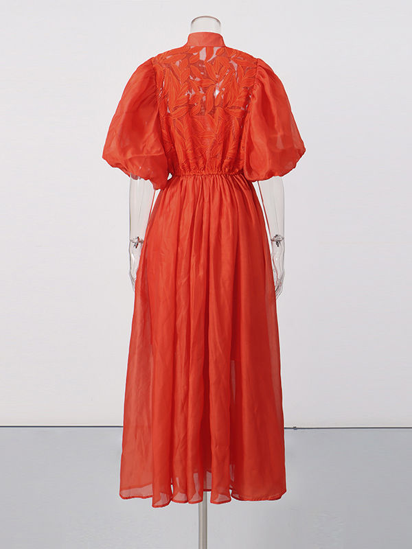 TWOTWINSTYLE Solid Lapel Puff Sleeve High Waist Chic Dress