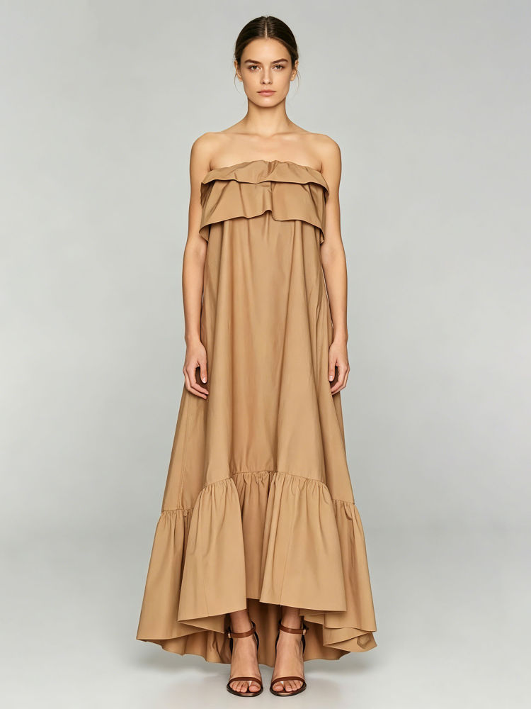 TWOTWINSTYLE Loose Spliced Ruffles Vintage Strapless Dress