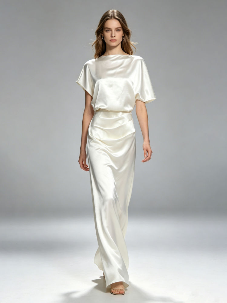 TWOTWINSTYLE Solid Asymmetrical Sleeve High Waist Chic Dress