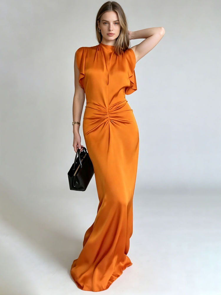 TWOTWINSTYLE Round Neck Puff Sleeve Pleated Vintage Maxi Dress