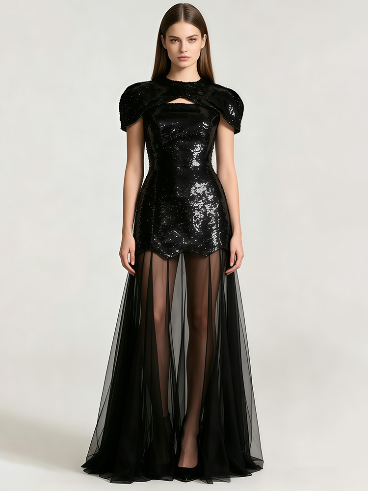 TWOTWINSTYLE Solid Cape Sleeve Tunic Spliced Mesh Maxi Dress