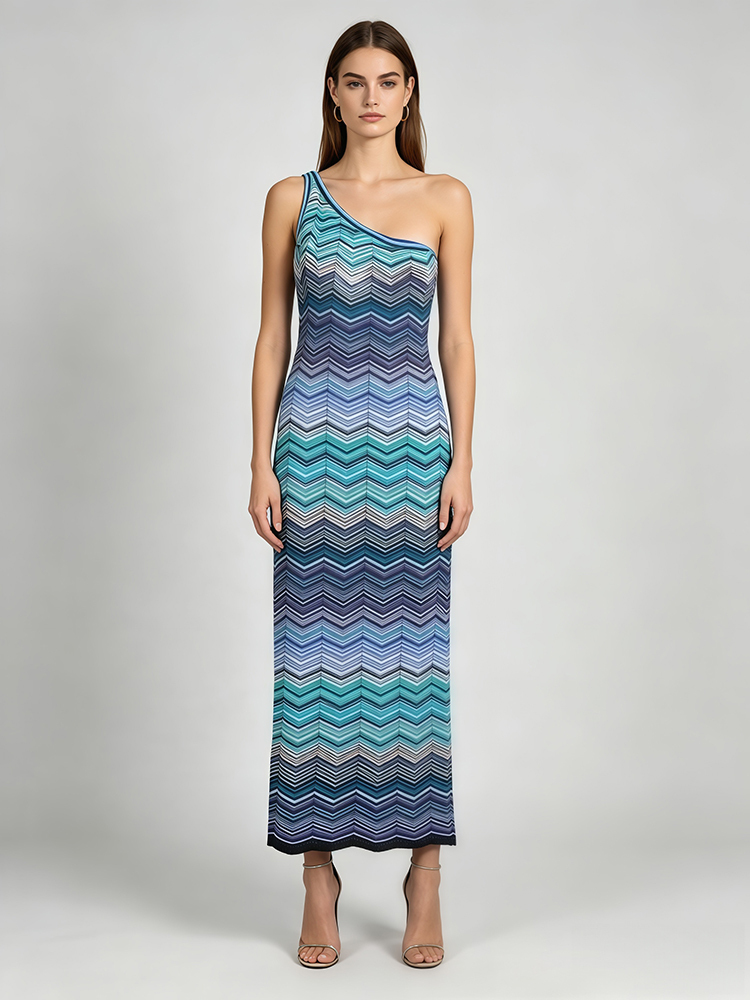 TWOTWINSTYLE Elegant Off One Shoulder Striped Tunic knitting Dress