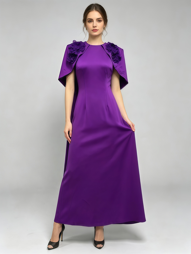 TWOTWINSTYLE Round Neck Patchwork Flower Cape Sleeves Solid Dress