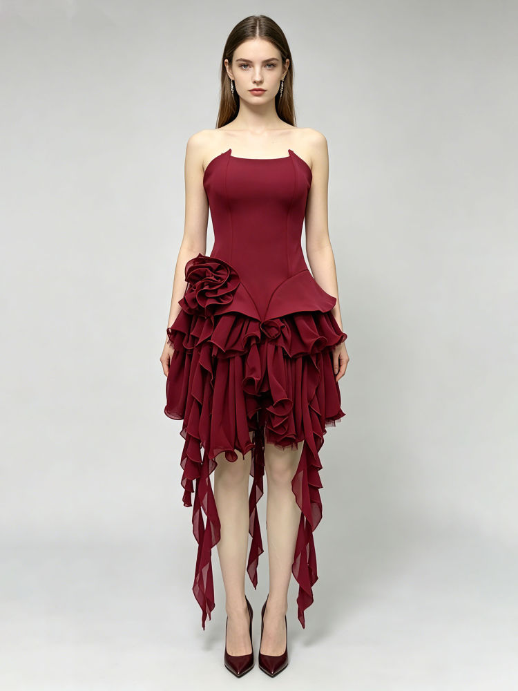 TWOTWINSTYLE Off Shoulder Spliced 3D Flower Irregular Hem Elegant Dress