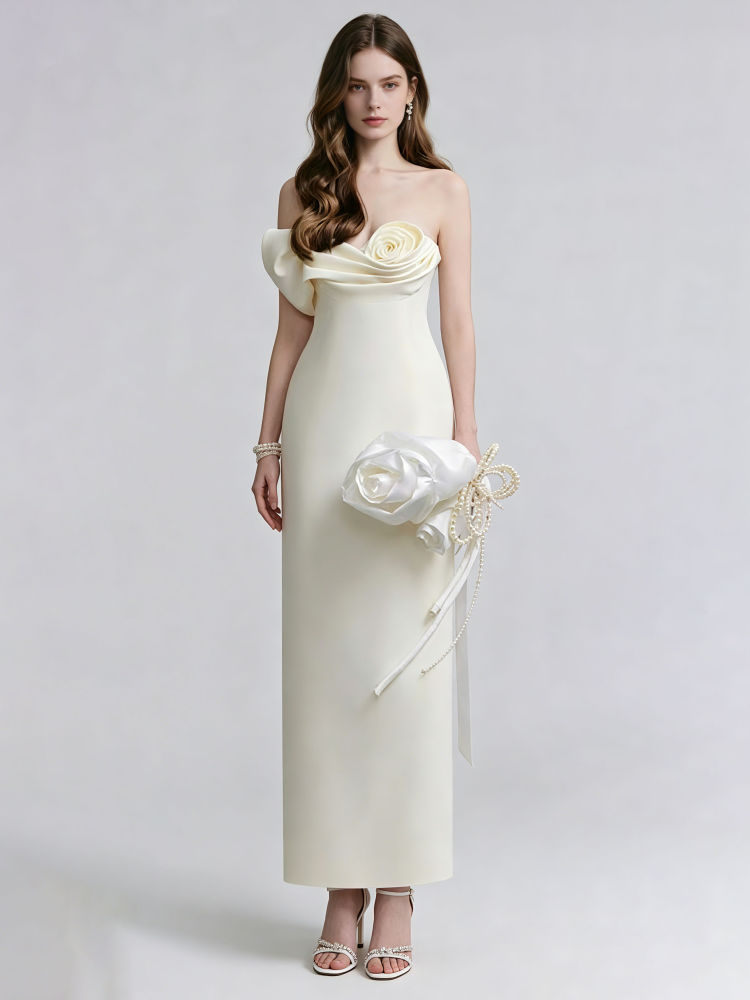 TWOTWINSTYLE Solid Patchwork 3D Flower Fashion Strapless Dress
