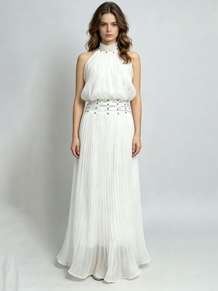 TWOTWINSTYLE Stand Collar Sleeveles High Waist Chic Dress