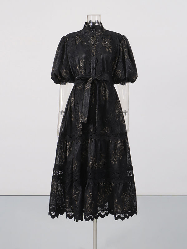 TWOTWINSTYLE Stand Collar Long Sleeve Patchwork Mesh Fashion Dress