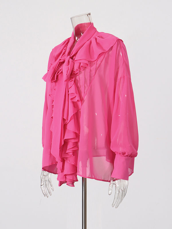 TWOTWINSTYLE Solid Stand Collar Spliced Ruffles Shirt