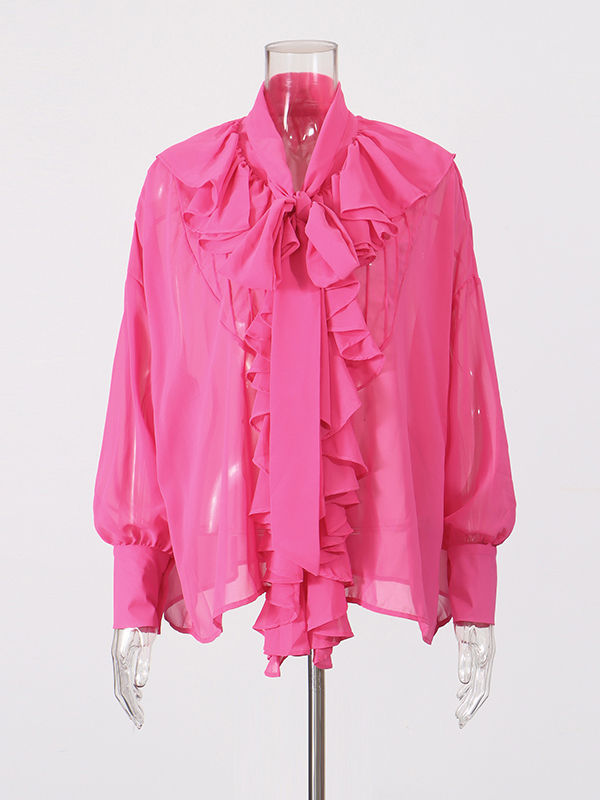 TWOTWINSTYLE Solid Stand Collar Spliced Ruffles Shirt