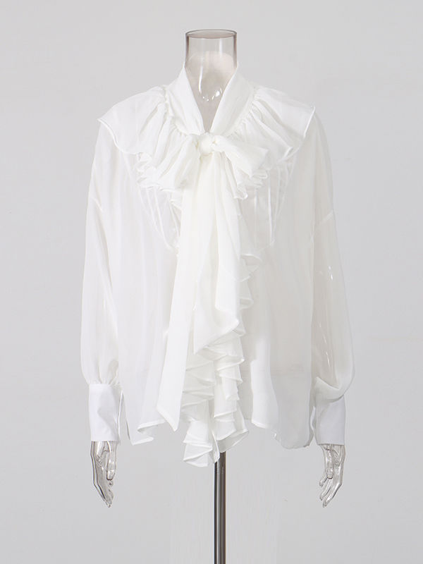 TWOTWINSTYLE Solid Stand Collar Spliced Ruffles Shirt
