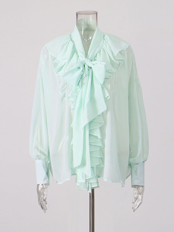 TWOTWINSTYLE Solid Stand Collar Spliced Ruffles Shirt