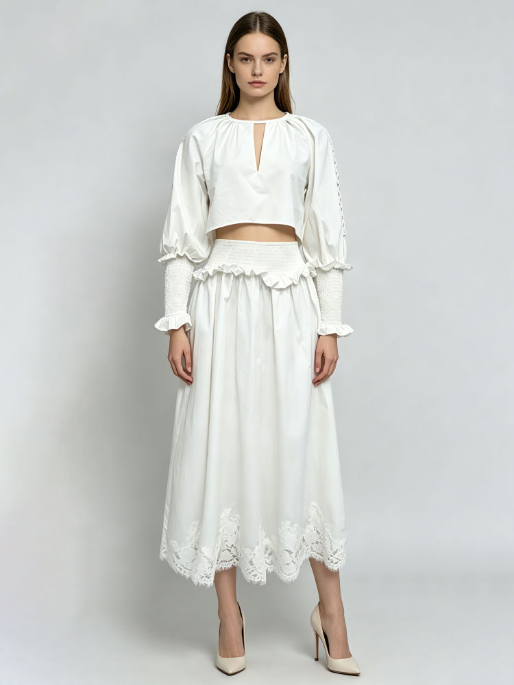 TWOTWINSTYLE Hollow Out Long Sleeve Crop Top High Waist Skirt Elegant Set