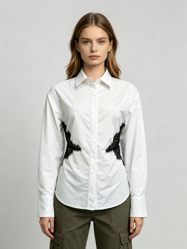 TWOTWINSTYLE Lapel Colorblock Spliced Lace Temperament Shirt