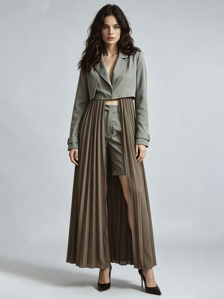 TWOTWINSTYLE Lapel Long Sleeve Spliced Mesh Jacket High Waist Short Pants Vintage Set