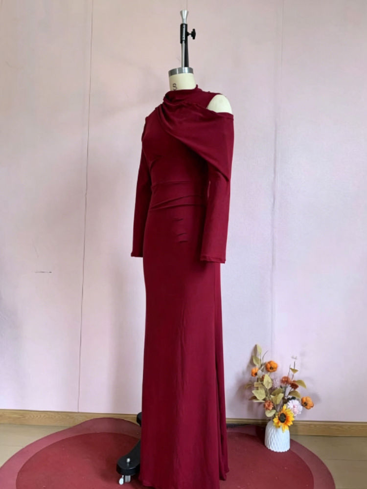 TWOTWINSTYLE Solid Off One Shoulder Long Sleeve Designer Dress
