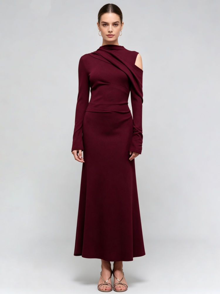 TWOTWINSTYLE Solid Off One Shoulder Long Sleeve Designer Dress