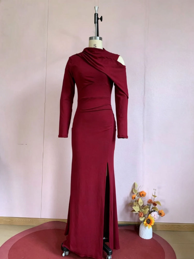 TWOTWINSTYLE Solid Off One Shoulder Long Sleeve Designer Dress