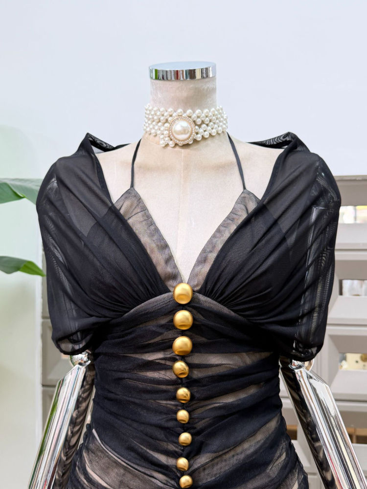 TWOTWINSTYLE Spliced Single Breasted Mesh High Waist Sexy Dress