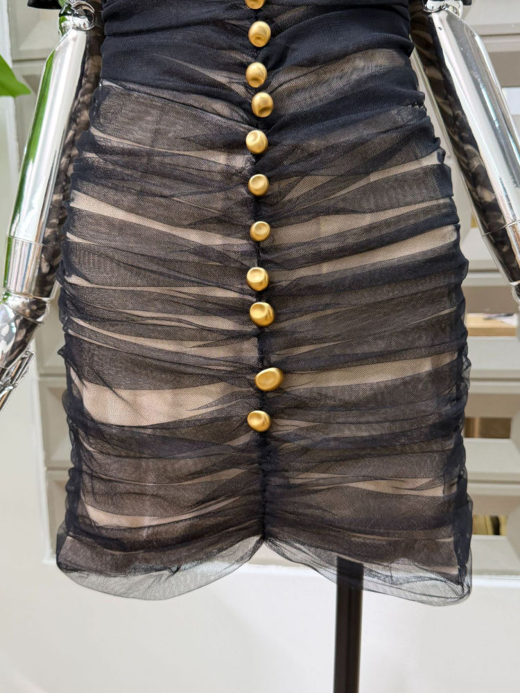 TWOTWINSTYLE Spliced Single Breasted Mesh High Waist Sexy Dress