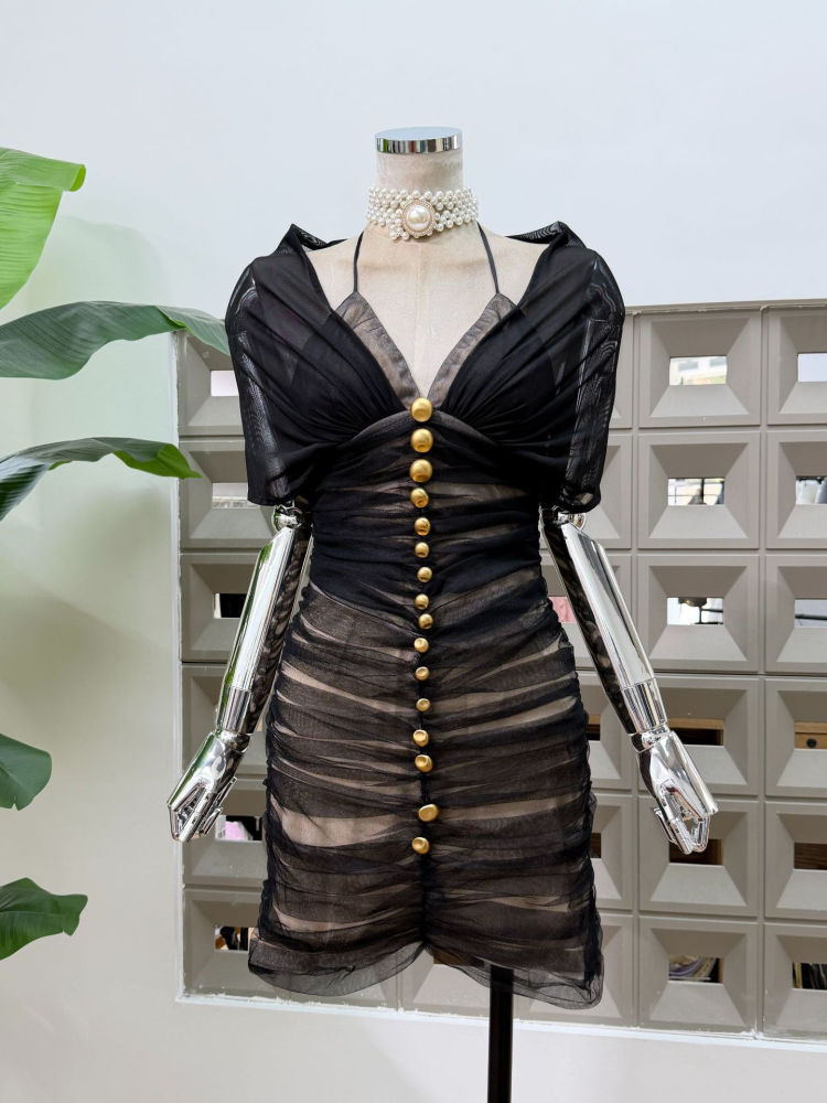 TWOTWINSTYLE Spliced Single Breasted Mesh High Waist Sexy Dress