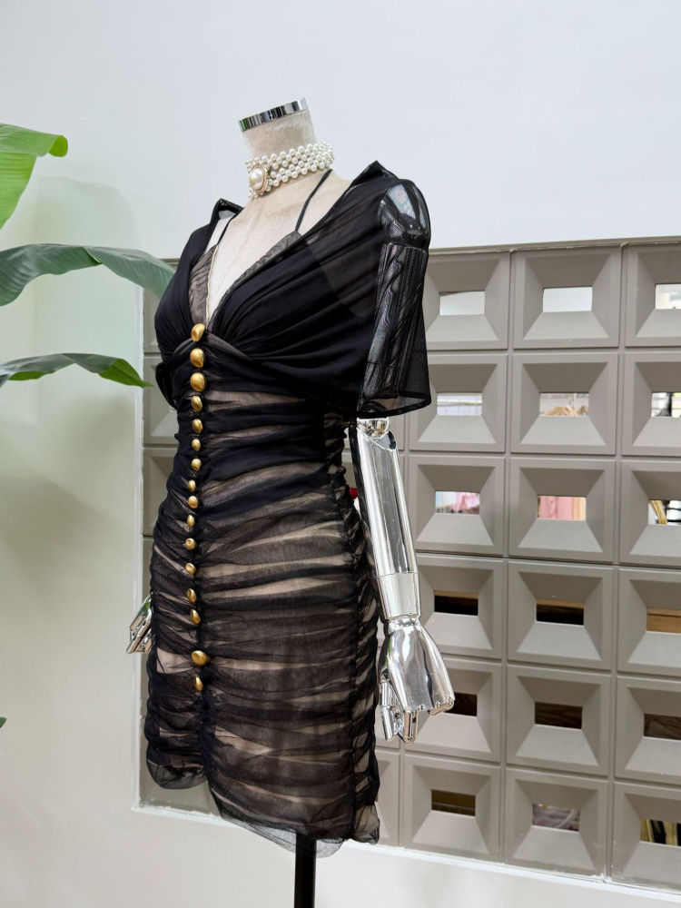 TWOTWINSTYLE Spliced Single Breasted Mesh High Waist Sexy Dress