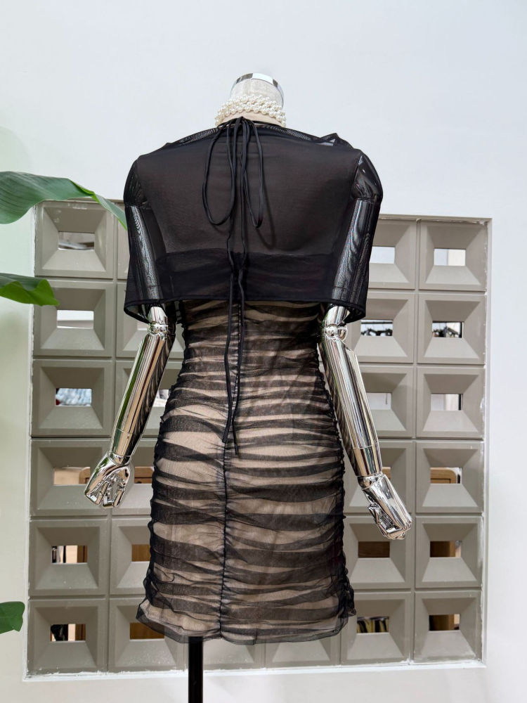 TWOTWINSTYLE Spliced Single Breasted Mesh High Waist Sexy Dress