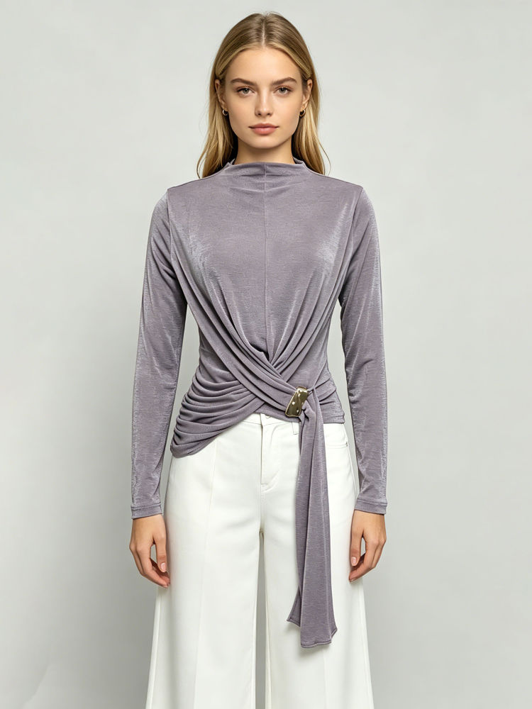 TWOTWINSTYLE Stand Collar Tunic Patchwork Lace Up Designer T Shirt