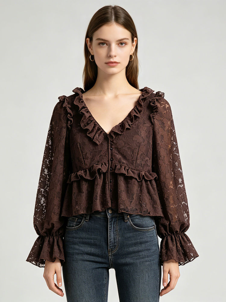 TWOTWINSTYLE V Neck Bell Sleeve Spliced Ruffles Vintage Shirt