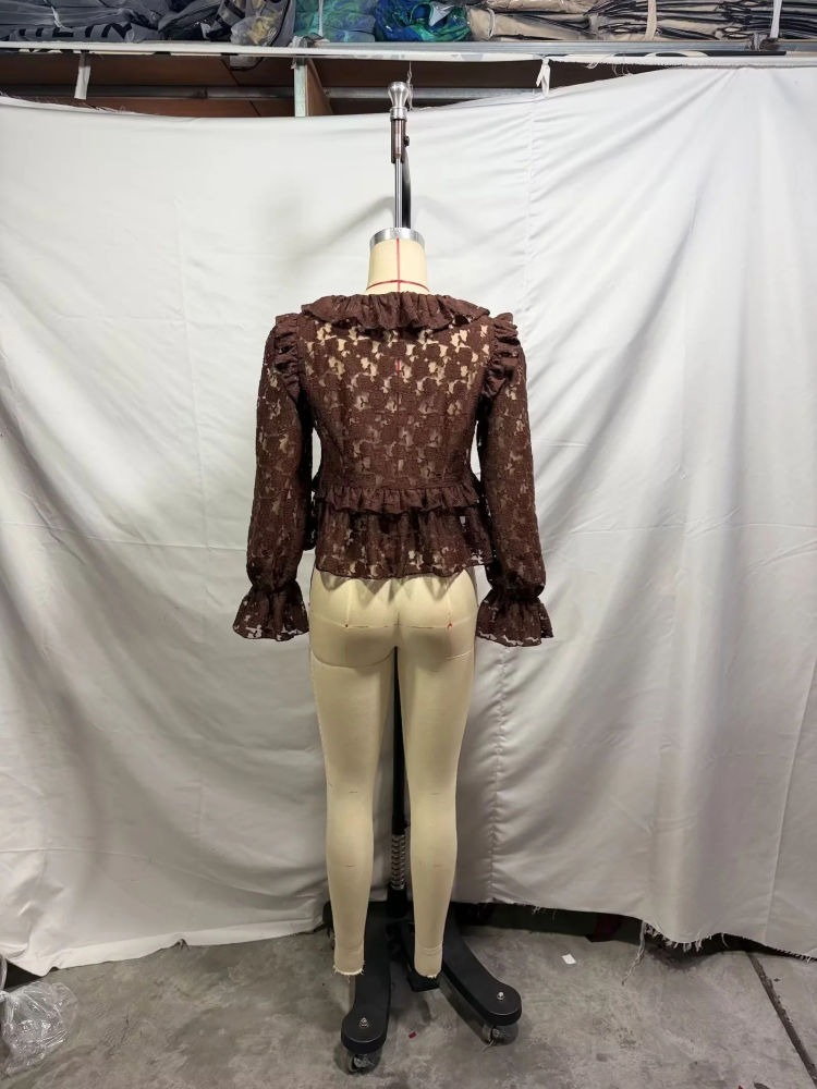 TWOTWINSTYLE V Neck Bell Sleeve Spliced Ruffles Vintage Shirt