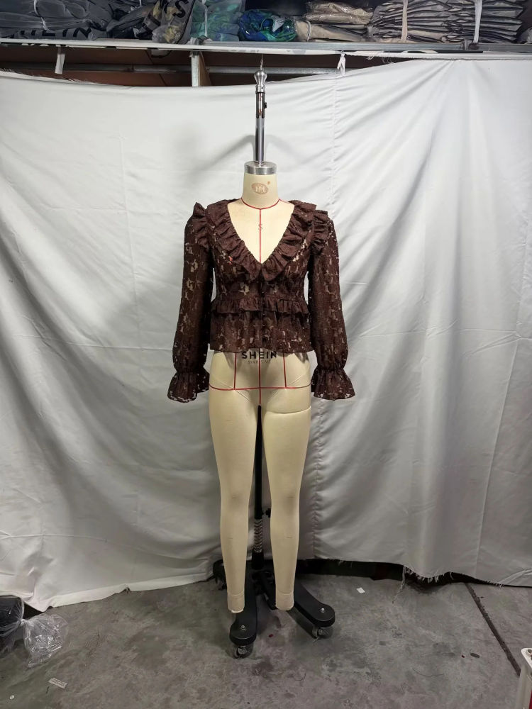 TWOTWINSTYLE V Neck Bell Sleeve Spliced Ruffles Vintage Shirt