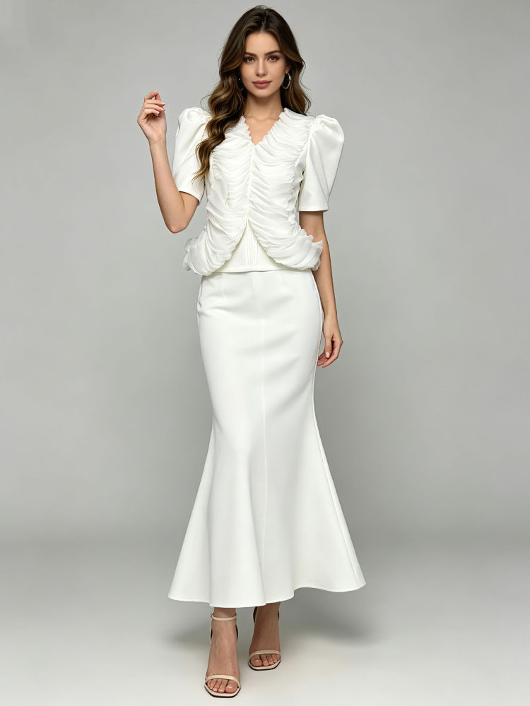 TWOTWINSTYLE V Neck Puff Sleeve Pleated Top Mermaid Skirt Elegant Set