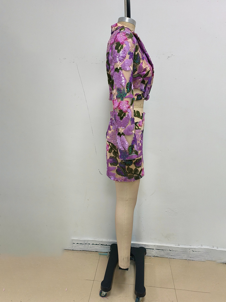 TWOTWINSTYLE Sequins Spliced Hollow Blazer Skirt Chic Set