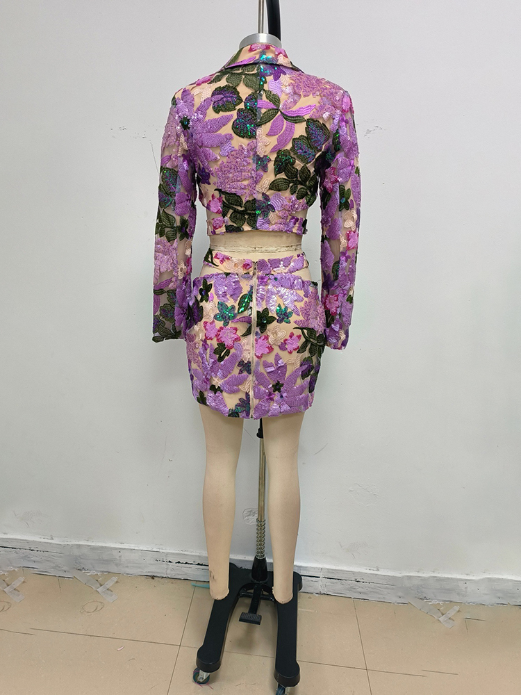 TWOTWINSTYLE Sequins Spliced Hollow Blazer Skirt Chic Set