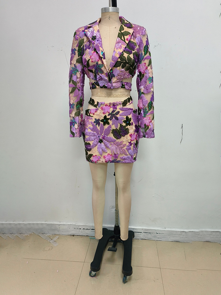 TWOTWINSTYLE Sequins Spliced Hollow Blazer Skirt Chic Set