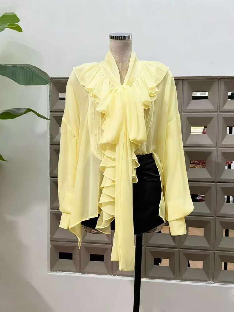 TWOTWINSTYLE Solid Stand Collar Spliced Ruffles Shirt
