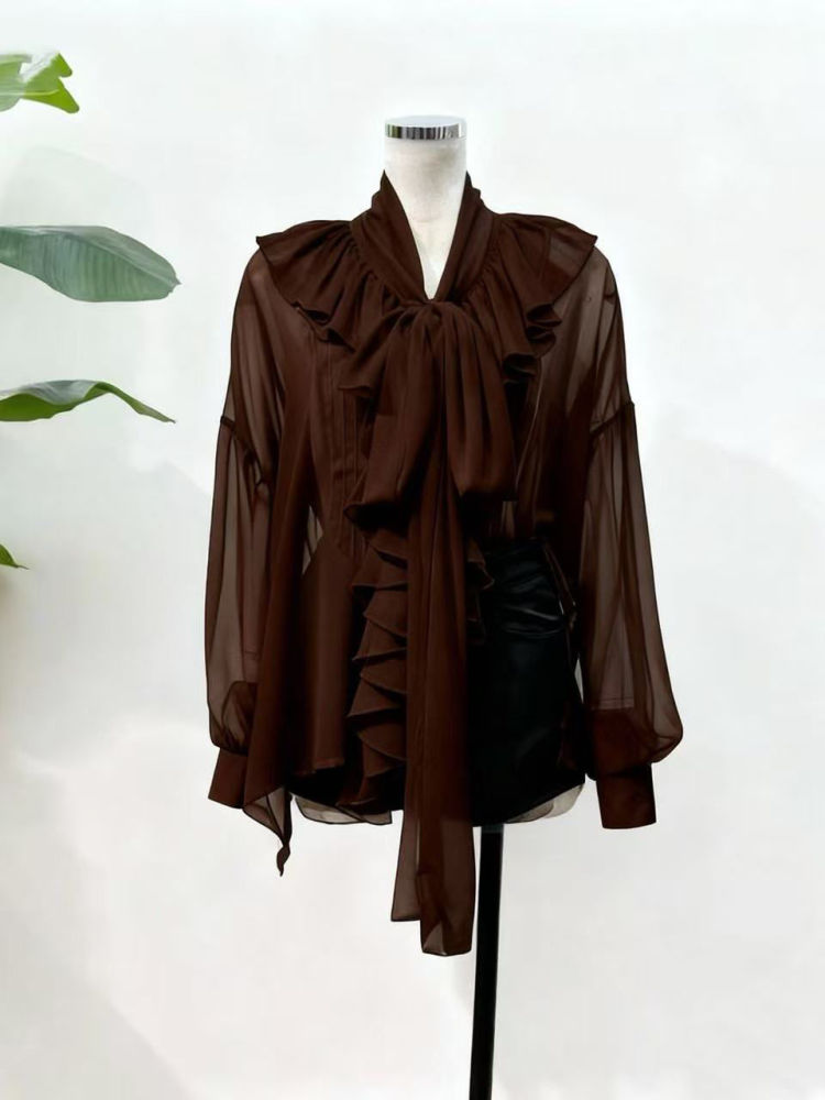 TWOTWINSTYLE Solid Stand Collar Spliced Ruffles Shirt